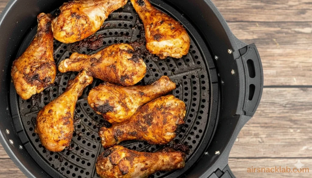 Chicken drumsticks turning golden and crispy while air frying.