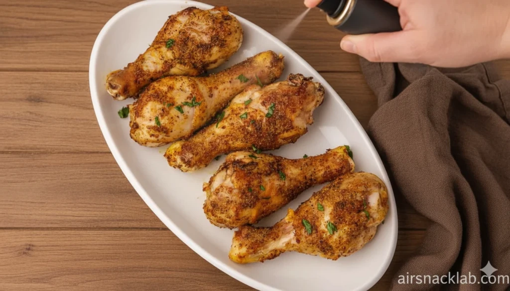 Juicy and crispy air fried chicken drumsticks served hot and ready to eat
