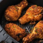 Juicy and crispy air fried chicken drumsticks served hot and ready to eat.