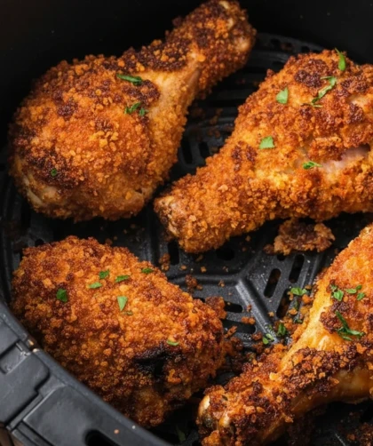 Juicy and crispy air fried chicken drumsticks served hot and ready to eat.