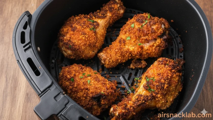 Juicy and crispy air fried chicken drumsticks served hot and ready to eat.
