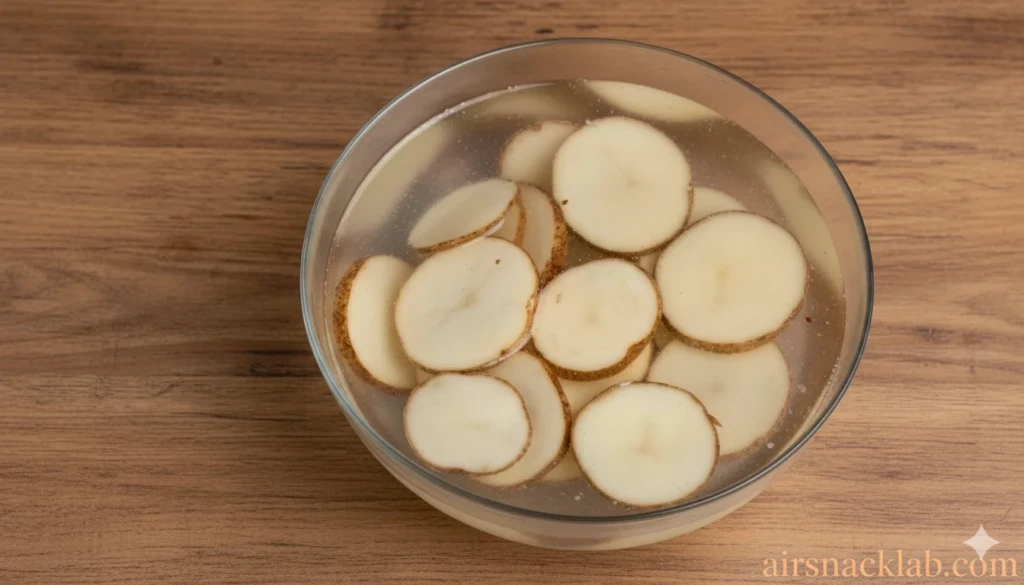 Potato slices soaking in water to remove excess starch before air frying
