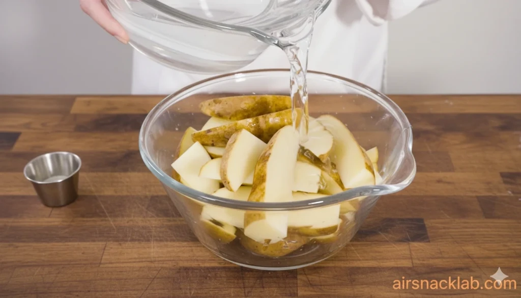 Potatoes sliced very thin for making crispy air fried potato chips